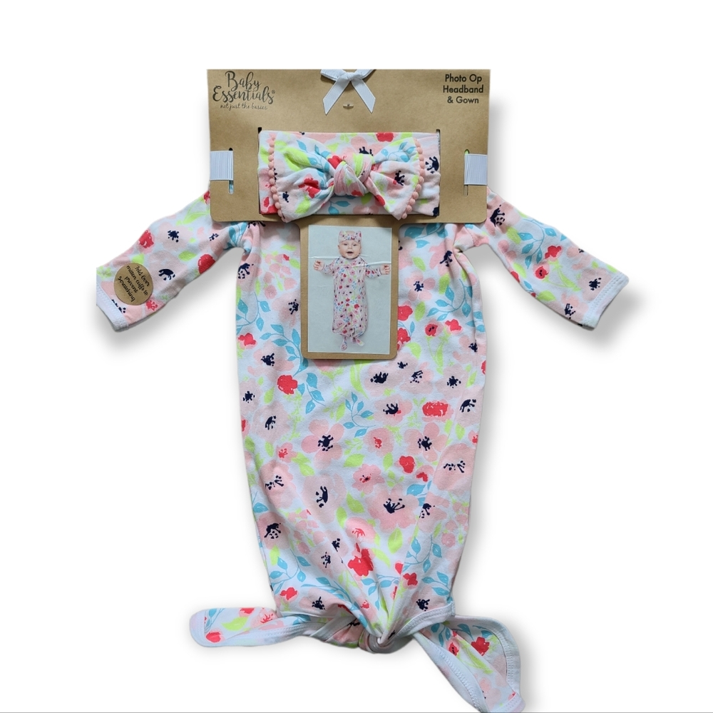 Baby Essentials Pink Floral Baby Gown & Headband NWT